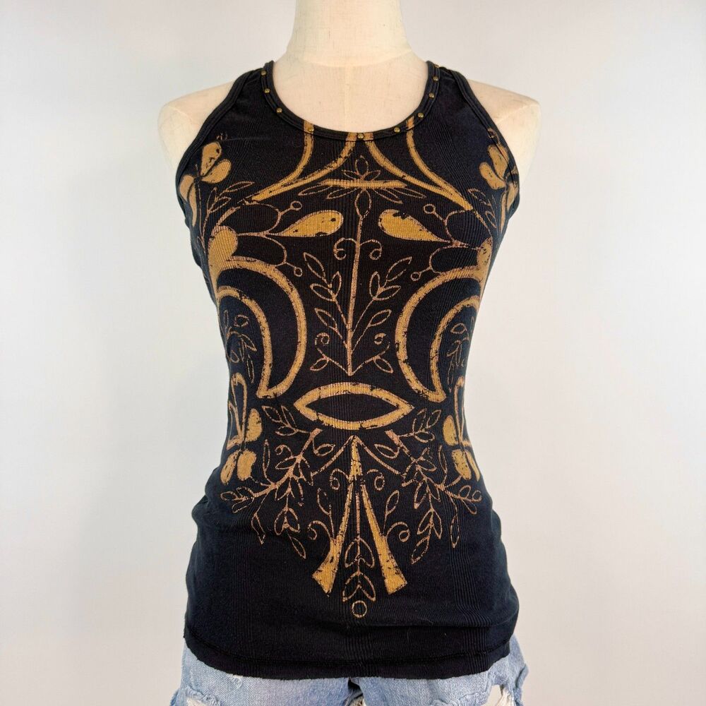 2000s Black Ribbed Tank Top Yoga Abstract Hippie Boho Retro Outerwear Size M